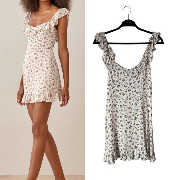 Reformation Dresses & Skirts - NWOT Reformation Paris Mini Dress White Blue Floral Ruffle Cottagecore 12‎ L